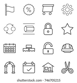 thin line icon set : flag, percent, delivery, round around, quantum bond, nano tube, lock, star, calendar, block wall, unlock, building helmet, arch, terms, home, scissors