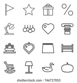 thin line icon set : flag, star, gift, percent, table lamp, sale, heart, column, flower bed, pendant, curtain, crib, rocking chair, floor, goose, pumpkin