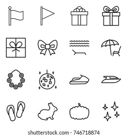 thin line icon set : flag, gift, bow, lounger, hawaiian wreath, disco ball, jet ski, yacht, flip flops, rabbit, pumpkin, shining