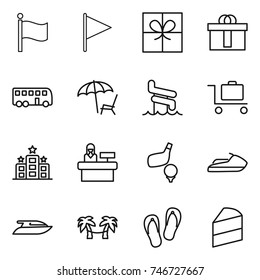 thin line icon set : flag, gift, hi quality package, bus, lounger, aquapark, baggage trolley, hotel, reception, golf, jet ski, yacht, palm hammock, flip flops, cake
