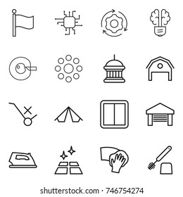 thin line icon set : flag, chip, around gear, bulb brain, cell corection, round, goverment house, barn, do not trolley sign, tent, power switch, garage, iron, clean floor, wiping, toilet brush