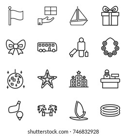 thin line icon set : flag, gift, boat, bow, bus, passenger, hawaiian wreath, disco ball, starfish, hotel, reception, golf, palm hammock, windsurfing, inflatable pool