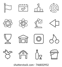 thin line icon set : flag, calendar, pedestal, around gear, atom, table lamp, left arrow, wineglass, warehouse, ring button, cherry, beet, barn, wine, foam bucket