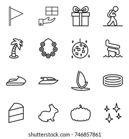thin line icon set : flag, gift, tourist, palm, hawaiian wreath, disco ball, aquapark, jet ski, yacht, windsurfing, inflatable pool, cake, rabbit, pumpkin, shining