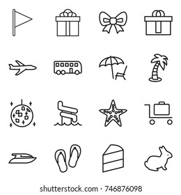 thin line icon set : flag, gift, bow, hi quality package, plane, bus, lounger, palm, disco ball, aquapark, starfish, baggage trolley, yacht, flip flops, cake, rabbit