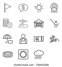 thin line icon set : flag, money message, chip, notebook globe, virtual mining, weather management, garage, do not trolley sign, insurance, workman, ticket, surfer, inflatable pool, ring button