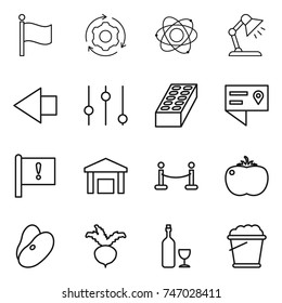thin line icon set : flag, around gear, atom, table lamp, left arrow, equalizer, brick, location details, important, warehouse, vip fence, tomato, beans, beet, wine, foam bucket