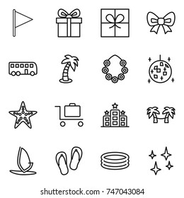 thin line icon set : flag, gift, bow, bus, palm, hawaiian wreath, disco ball, starfish, baggage trolley, hotel, hammock, windsurfing, flip flops, inflatable pool, shining