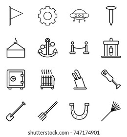 thin line icon set : flag, gear, ufo, nail, loading crane, anchor, vip fence, detector, safe, radiator, stands for knives, blender, shovel, fork, horseshoe, rake