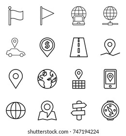 thin line icon set : flag, notebook globe, connect, car pointer, dollar pin, road, geo, map, mobile location, signpost, compass