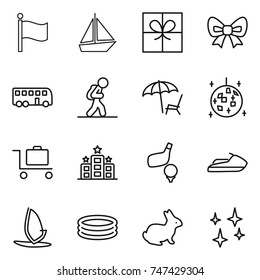 thin line icon set : flag, boat, gift, bow, bus, tourist, lounger, disco ball, baggage trolley, hotel, golf, jet ski, windsurfing, inflatable pool, rabbit, shining