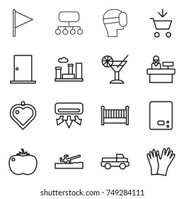 Thin Line Icon Set : Flag, Structure, Virtual Mask, Add To Cart, Door, City, Cocktail, Reception, Heart Pendant, Air Conditioning, Crib, Kitchen Scales, Tomato, Soil Cutter, Pickup, Gloves