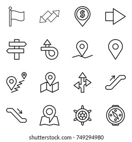 thin line icon set : flag, up down arrow, dollar pin, right, singlepost, trip, geo, route, map, escalator, handwheel, compass