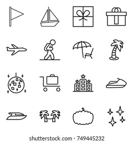 thin line icon set : flag, boat, gift, hi quality package, plane, tourist, lounger, palm, disco ball, baggage trolley, hotel, jet ski, yacht, hammock, pumpkin, shining