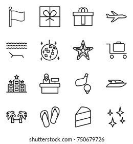 thin line icon set : flag, gift, hi quality package, plane, lounger, disco ball, starfish, baggage trolley, hotel, reception, golf, yacht, palm hammock, flip flops, cake, shining