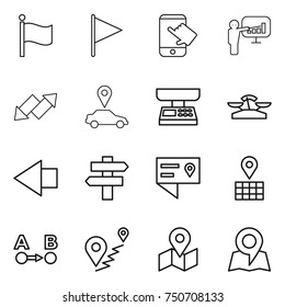 thin line icon set : flag, touch, presentation, up down arrow, car pointer, market scales, left, singlepost, location details, map, route a to b