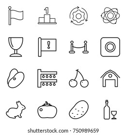 thin line icon set : flag, pedestal, around gear, atom, wineglass, important, vip fence, ring button, beans, watering, cherry, barn, rabbit, tomato, potato, wine