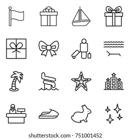 thin line icon set : flag, gift, boat, bow, passenger, lounger, palm, aquapark, starfish, hotel, reception, jet ski, rabbit, shining