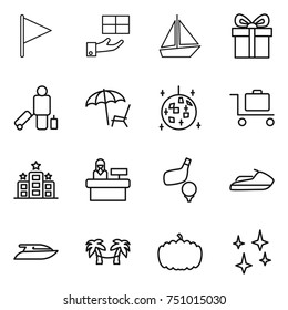 thin line icon set : flag, gift, boat, passenger, lounger, disco ball, baggage trolley, hotel, reception, golf, jet ski, yacht, palm hammock, pumpkin, shining