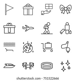 thin line icon set : flag, gift, bow, hi quality package, plane, tourist, passenger, lounger, disco ball, baggage trolley, golf, yacht, palm hammock, inflatable pool, shining