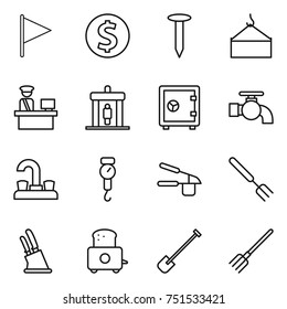 thin line icon set : flag, dollar coin, nail, loading crane, customs control, detector, safe, water tap, handle scales, garlic clasp, big fork, knife holder, toaster, shovel