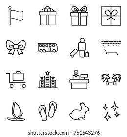 thin line icon set : flag, gift, bow, bus, passenger, lounger, baggage trolley, hotel, reception, palm hammock, windsurfing, flip flops, rabbit, shining
