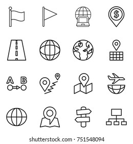 thin line icon set : flag, notebook globe, dollar pin, road, map, route a to b, plane shipping, signpost, hierarchy