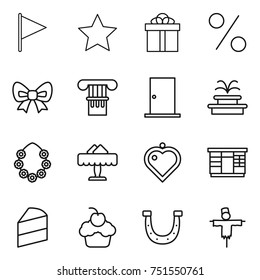 thin line icon set : flag, star, gift, percent, bow, column, door, fountain, hawaiian wreath, restaurant, heart pendant, wardrobe, cake, cupcake, horseshoe, scarecrow