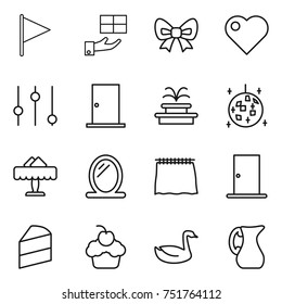 thin line icon set : flag, gift, bow, heart, equalizer, door, fountain, disco ball, restaurant, mirror, curtain, cake, cupcake, goose, jug