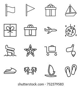 thin line icon set : flag, gift, boat, hi quality package, plane, disco ball, aquapark, starfish, baggage trolley, golf, jet ski, palm hammock, windsurfing, flip flops