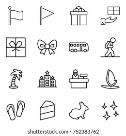thin line icon set : flag, gift, bow, bus, tourist, palm, hotel, reception, windsurfing, flip flops, cake, rabbit, shining