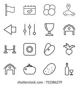 thin line icon set : flag, calendar, atom core, car pointer, left arrow, equalizer, wineglass, barn, vip fence, ring button, beans, beet, tomato, potato, wine