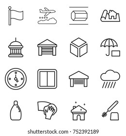 thin line icon set : flag, weather management, nano tube, project, goverment house, garage, 3d, insurance, watch, power switch, rain cloud, cleanser, wiping, cleaning, toilet brush