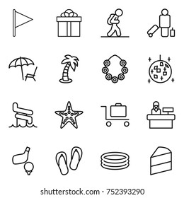 thin line icon set : flag, gift, tourist, passenger, lounger, palm, hawaiian wreath, disco ball, aquapark, starfish, baggage trolley, reception, golf, flip flops, inflatable pool, cake