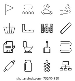 thin line icon set : flag, structure, electric car, chemical industry, basket, ruler, palace, inventory, toilet, scoop, towel, rolling pin, bank, spikelets, hierarchy