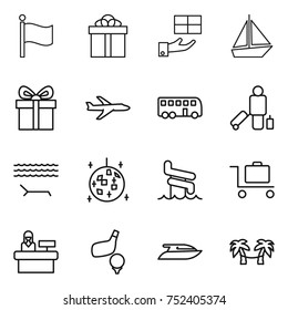thin line icon set : flag, gift, boat, plane, bus, passenger, lounger, disco ball, aquapark, baggage trolley, reception, golf, yacht, palm hammock