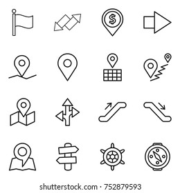 thin line icon set : flag, up down arrow, dollar pin, right, geo, map, route, escalator, signpost, handwheel, compass