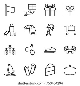 thin line icon set : flag, gift, passenger, lounger, palm, baggage trolley, hotel, golf, jet ski, hammock, windsurfing, flip flops, cake, pumpkin