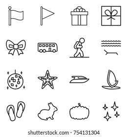 thin line icon set : flag, gift, bow, bus, tourist, lounger, disco ball, starfish, yacht, windsurfing, flip flops, rabbit, pumpkin, shining