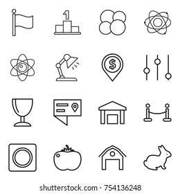 thin line icon set : flag, pedestal, atom core, table lamp, dollar pin, equalizer, wineglass, location details, warehouse, vip fence, ring button, tomato, barn, rabbit