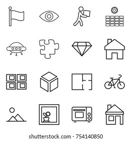 thin line icon set : flag, eye, courier, sun power, ufo, puzzle, diamond, home, panel house, 3d, plan, bike, landscape, flower in window, grill oven