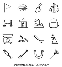 thin line icon set : flag, ufo, construction, anchor, vip fence, detector, water tap, toaster, kitchen scales, walnut crack, ladle, knife holder, blender, shovel, horseshoe, rake