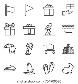 thin line icon set : flag, gift, hi quality package, tourist, lounger, palm, baggage trolley, hotel, jet ski, windsurfing, flip flops, rabbit