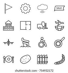 thin line icon set : flag, gear, cloud wireless, sale, cottage, plan, fork loader, plane shipping, aquapark, invalid, pan, spoon plate, potato, fence, peas