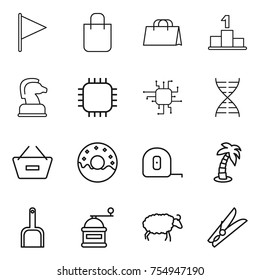 thin line icon set : flag, shopping bag, pedestal, chess horse, chip, dna, remove from basket, donut, measuring tape, palm, scoop, hand mill, sheep, clothespin