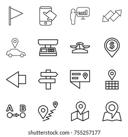 thin line icon set : flag, touch, presentation, up down arrow, car pointer, market scales, dollar pin, left, singlepost, location details, map, route a to b