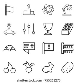 thin line icon set : flag, pedestal, atom, table lamp, car pointer, equalizer, wineglass, brick, dome house, location details, important, watering, cherry, beet, rabbit, potato