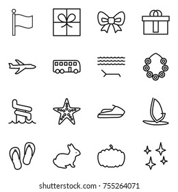 thin line icon set : flag, gift, bow, hi quality package, plane, bus, lounger, hawaiian wreath, aquapark, starfish, jet ski, windsurfing, flip flops, rabbit, pumpkin, shining