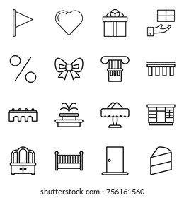 Thin line icon set : flag, heart, gift, percent, bow, column, bridge, fountain, restaurant, wardrobe, dresser, crib, door, cake