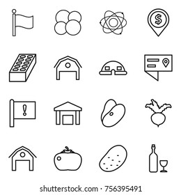 Thin line icon set : flag, atom core, dollar pin, brick, barn, dome house, location details, important, warehouse, beans, beet, tomato, potato, wine